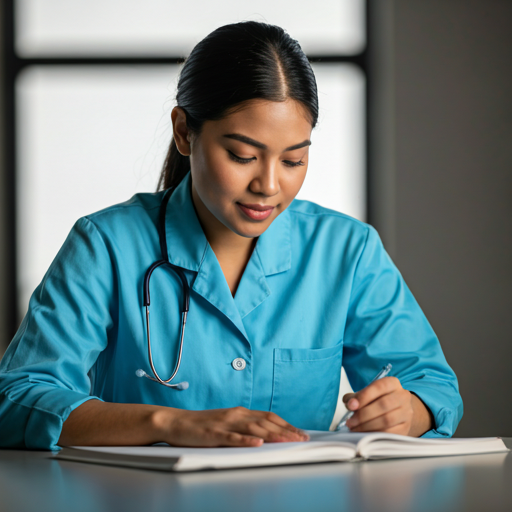 Student nurse reviewing charts in clinical setting.